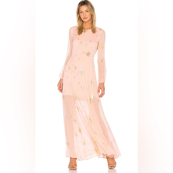 For Love & Lemons Silk Gilded Star Maxi Dress Size Pink Gold Size Large - Picture 1 of 11